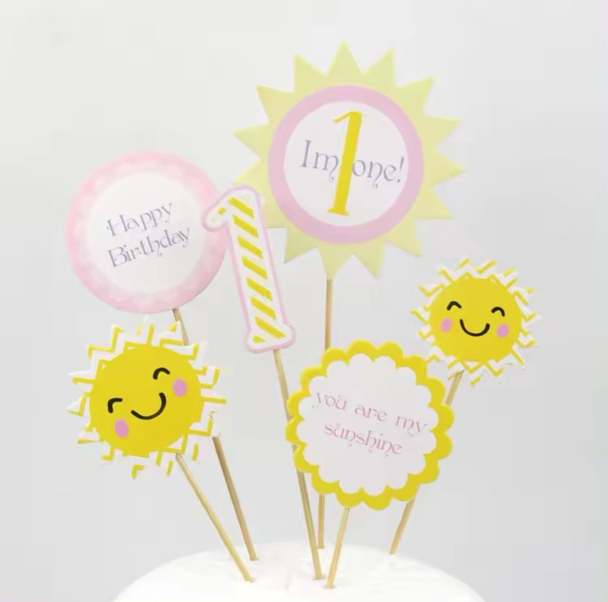 Sunshine Taart Topper - 6-delig - Happy Birthday - 1 Jaar - Zon - Vrolijk - Geel - Roze - Taart Versiering - Verjaardag Versiering - Taart Decoratie - Kinderfeestje - Toppers - Taarttopper - Cake Topper - Voor Jongens en Meisjes